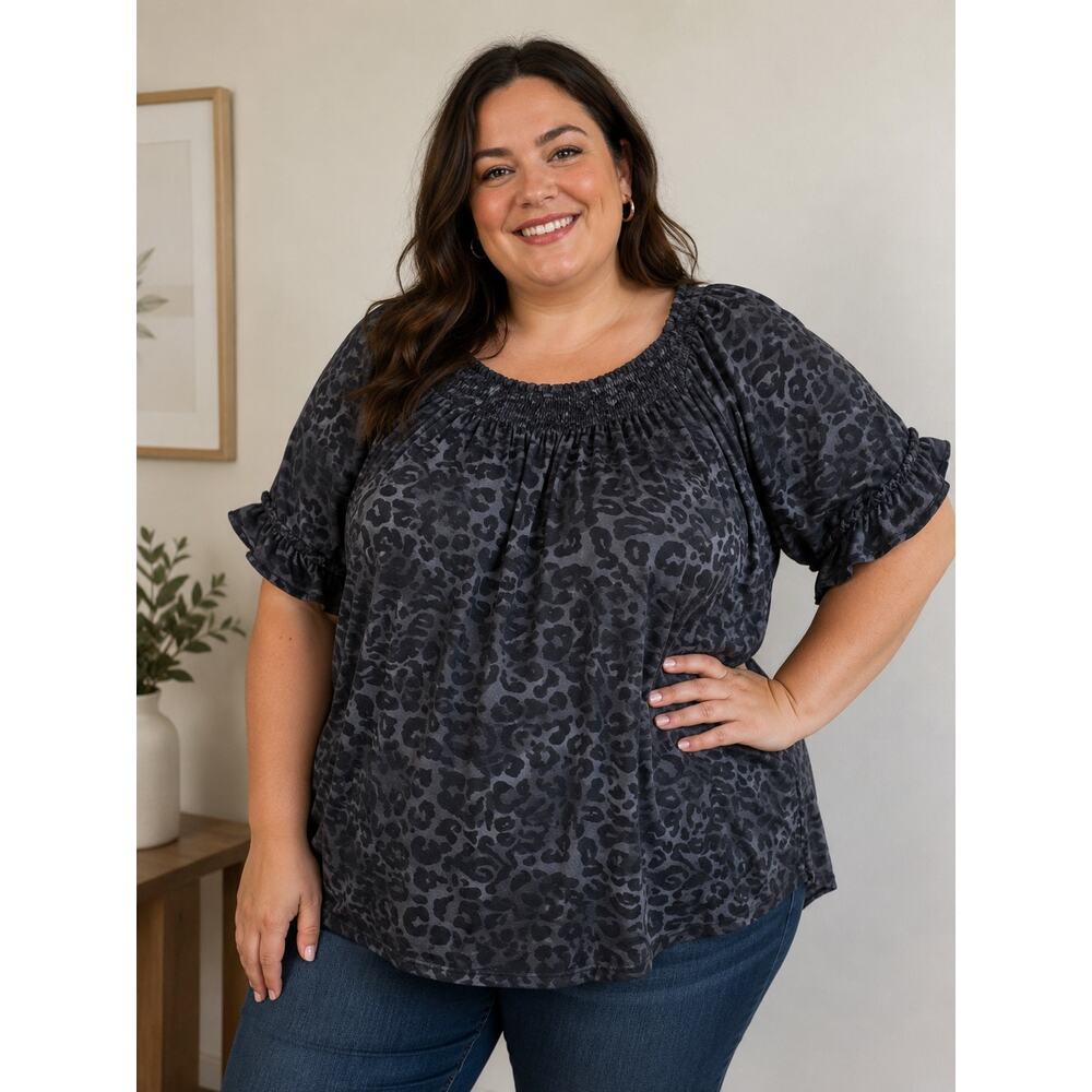 Womens Plus Size 3/4 Ruffle Sleeve Shirts Crewneck Pleated Fashion Tunic Top 5XL